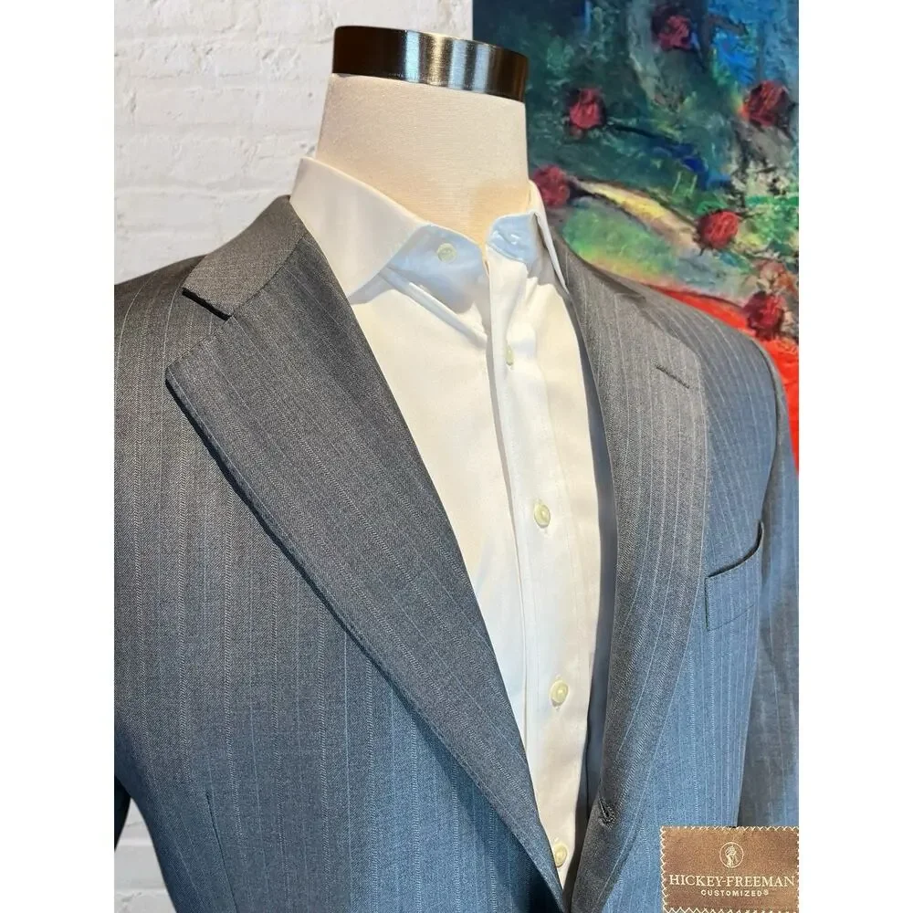 Hickey Freeman 44R 38x27 Gray with Ice Blue Multi-Stripe Quality Suit 3/2 Roll - Picture 4 of 16